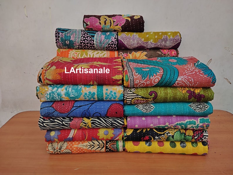 Lote al por mayor Vintage Kantha Quilt, Indian Sari Quilt Kantha Throw Blanket, Ropa de cama antigua Kantha Twin Bedspread, Boho Kantha Quilts imagen 4