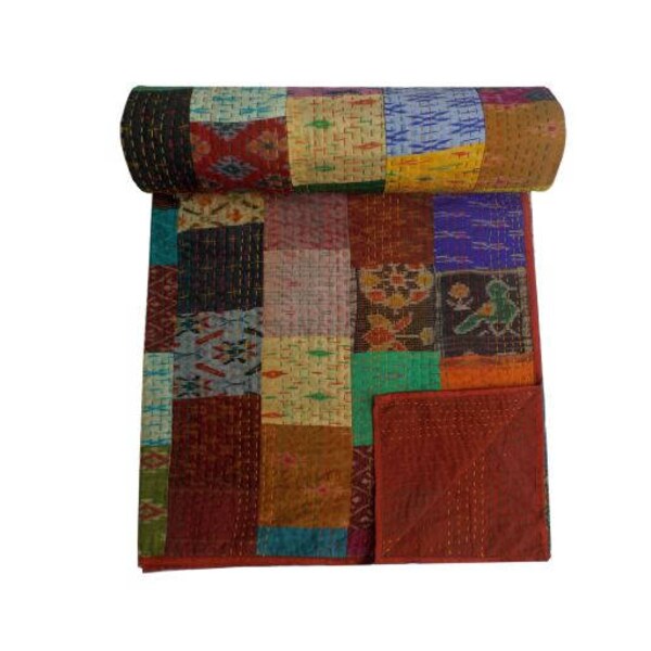 silk Patchwork Handmade Indian Kantha Quilt,Throws and Blankets