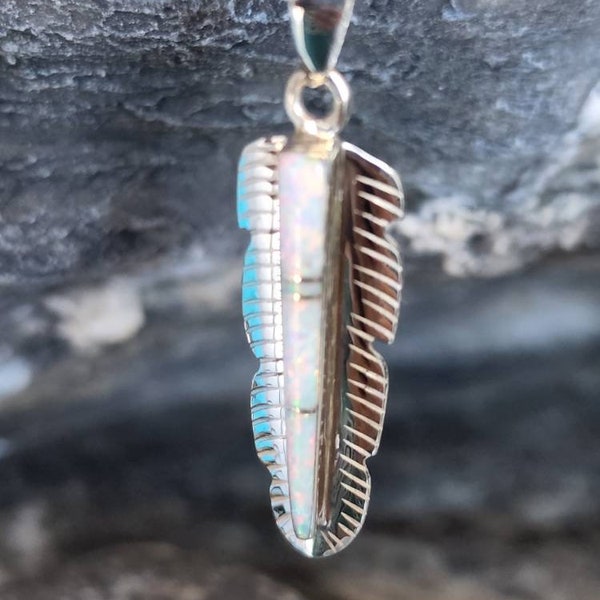 Unique Opal and Sterling Silver inlay Feather pendant necklace.