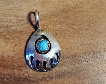 Navajo Sterling Silver and Sleeping Beauty Turquoise Bear Claw Pendant w/Sterling silver chain.