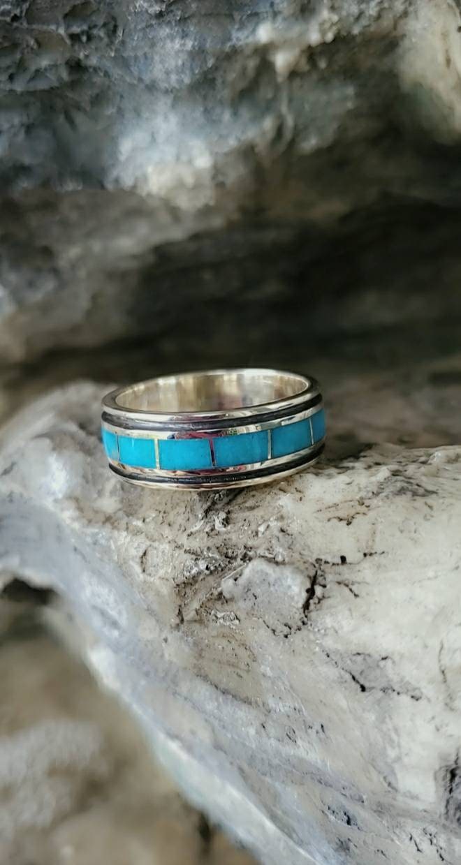 Men Turquoise and Black Onyx Inlay Sterling Silver Ring India