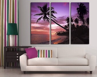 Ocean Sunset Canvas Print: Pink Purple Sky, 3-Panel Wall Art
