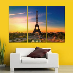 City of Love Paris, France Eiffel Tower - 3 Panel Split - Triptych Art, City Print for Home Wall, Beige skies cityscape CANVAS Ready to Hang