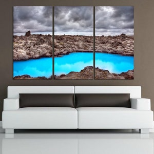 3 Panel Split / Light blue lake in the desert .Color effect picture .Canvas Print, 1.5&quot; deep frames, for living room decor & interior design