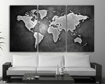 World Map Canvas Print 3 Panel Split Black and white Art. Triptych, art for home/office wall decor & interior design. Great for holiday gift