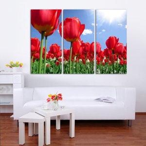 Tulip Canvas Wall Art for Living Room, Red Tulip Flower Field with Vivid Color 3 - Panel Framed Canvas Wall Art Prints, CANVAS READY to HANG