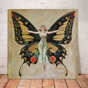 Impresión de hadas vintage, arte de pared, impresión vintage de mujer mariposa, arte mitológico, arte en lienzo de hadas mariposa, arte en lienzo Art Nouveau listo para colgar