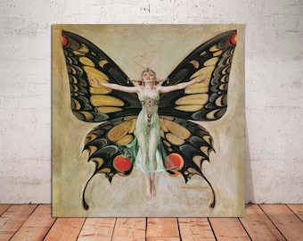 May include: A woman with wings in the shape of a butterfly, wearing a green dress and a jeweled headpiece. The butterfly wings are black, yellow, and red.