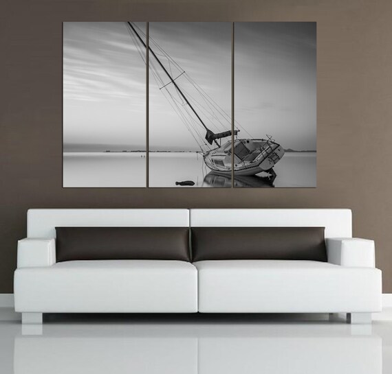 3 Panel Split Black And White Canvas Print Stranded Boat For Home Office Decor Interior Design Great For Holiday Giftswall Art