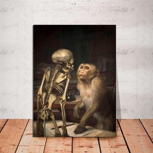 Mono delante de un esqueleto, arte de Dark Academia, arte de esqueletos, arte de mono, arte animal oscuro gótico, arte de Dark Academia, LIENZO listo para colgar.