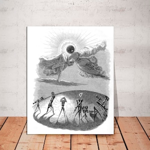 May include: A black and white illustration of a celestial scene with a figure in the clouds holding a sphere. Below, there are several telescopes pointed towards the sky.