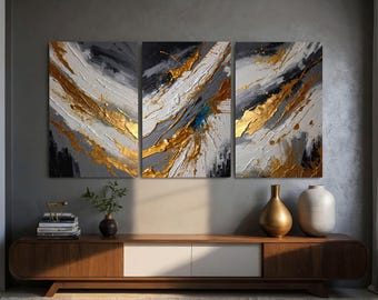 Grey and Gold Abstract Canvas Print, 3-Panel Modern Wall Art
