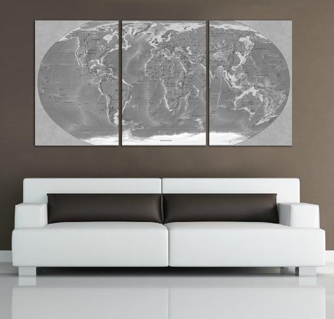 3 Panel Split World Map Canvas Print. Black and White, Textured ...