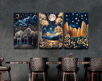 William Morris Canvas Print Set of 3, Botanical Moon & Night Sky, Gold Accent