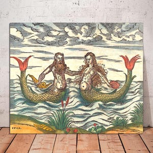 Medieval Mermaids Print, Antique Mermaid and Merman,Vintage Mermaid Art, Mythical Creatures Art, Nautical Wall Art, CANVAS Art Ready to Hang