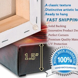 May include: A canvas print with a wooden frame, showing a close-up of the side of the frame. The frame is 1.5 inches thick. The text "FAST SHIPPING" is visible in the background. The text "MONEY-BACK GUARANTEE 100%" is visible in the foreground.