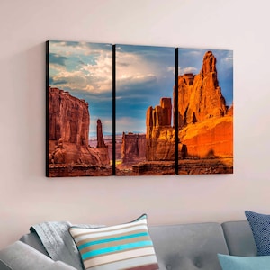 Arches National Park Canvas Wall Art 3-Panel Split Utah Landscape Travel Decor Large Panoramic Modern Style Canvas Art Print Ready to Hang.