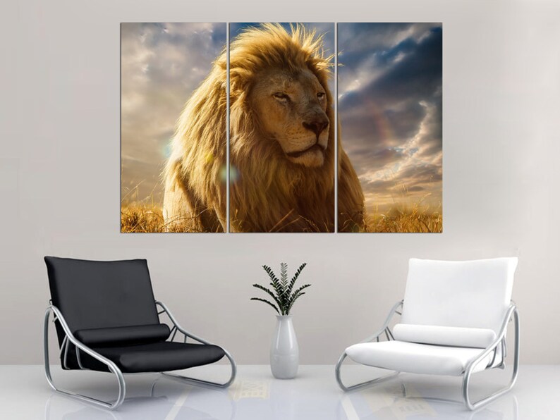3 Panel Split Lion Canvas Print. in the Wild. Gallery Wrap for Etsy