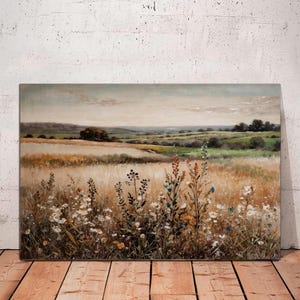 Wildflower Field Wall Art, Vintage Botanical Landscape Canvas, Floral Modern Home Decor, Farmhouse Canvas Art, Field of Flowers Canvas Print