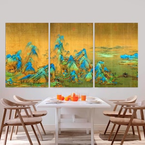Chinese Dynasty Shan Shui 3-Panel Canvas Art Antique Asian Landscape Painting, Mountains & Rivers Wall Decor Japanese Wall Art Ready to Hang