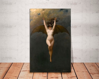 May include: A painting of a woman with bat wings, flying through the air. The woman is nude and has long dark hair. The background is a dark sky with clouds.