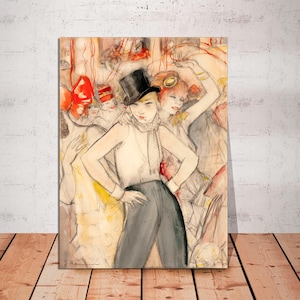 May include: A watercolor painting of a woman wearing a black top hat and a white shirt. She is surrounded by other people in the painting, all wearing colorful hats and clothing. The painting has a vintage feel and is done in a loose, expressive style.
