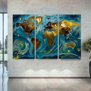 May include: A three-panel abstract art print featuring a world map with gold and blue paint. The map is surrounded by swirling blue and green paint, creating a dynamic and artistic effect.
