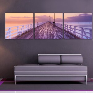 Beautiful Wooden pier at the beach. pink skies 3 panel split (triptych) Canvas Print.1.5&quot; deep frames for interior/office room decorwall art