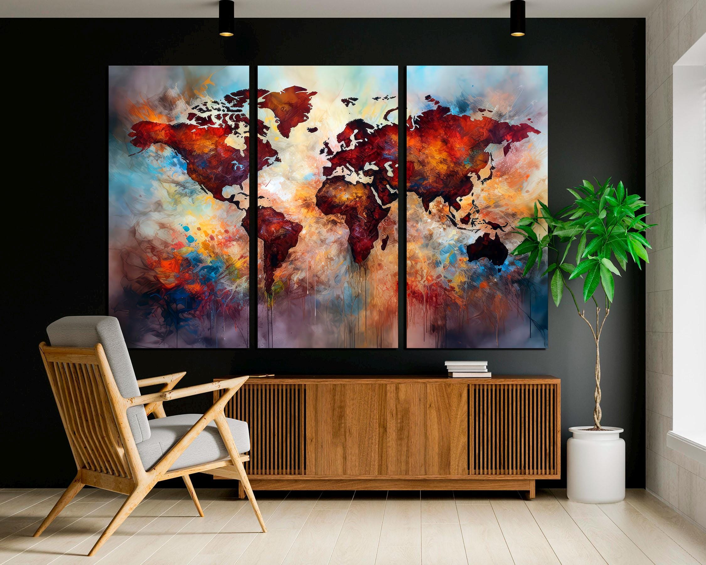 Watercolor World Map Canvas Print: 3-panel Abstract Travel Art - Etsy