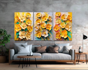 Yellow Abstract Flower Canvas Print Set: Modern Botanical Wall Art, Ready to Hang