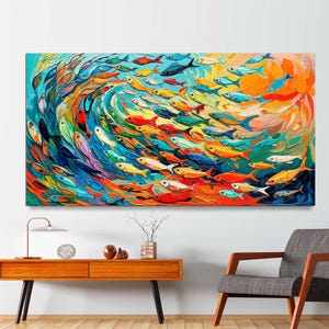 Abstract Fish Shoal Wall Art, Large Canvas Print, Colorful Ocean Fish Modern Art, Sea Animal Artwork, Coastal Art Ready to Hang Home Decor.