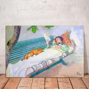 Fine Art Print by Carl Larsson of Woman Lying on a Bench, with Dog and Cat, Vintage Woman Art on Canvas, Swedish Woman, CANVAS READY To HANG