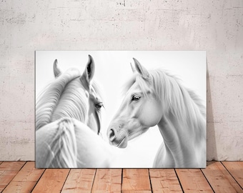 Black and White Horses Canvas Print: Large Romantic Equine Wall Art