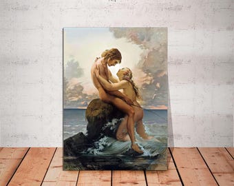 Classic Art Print Canvas - The Nymph and the Fisherman by Said Henri Lehmann, Karl-Henri-Rodolphe-Heinrich Salem Wall Decor Ready to Hang.