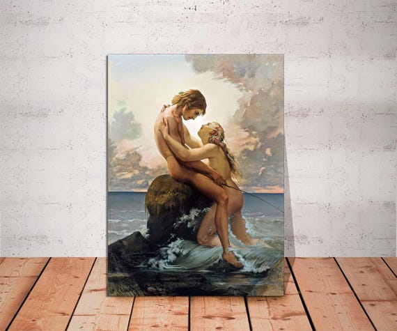 Classic Art Print Canvas - The Nymph and the Fisherman by Said Henri Lehmann, Karl-Henri-Rodolphe-Heinrich Salem Wall Decor Ready to Hang.