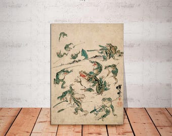 Kawanabe Kyosai: La batalla de las ranas, lienzo de arte asiático vintage