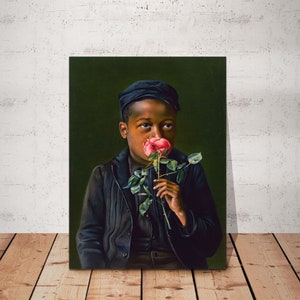 Arte afroamericano de belleza americana de la década de 1890, pintura de niño negro oliendo una rosa americana negra vintage, lienzo de retrato infantil listo para colgar.