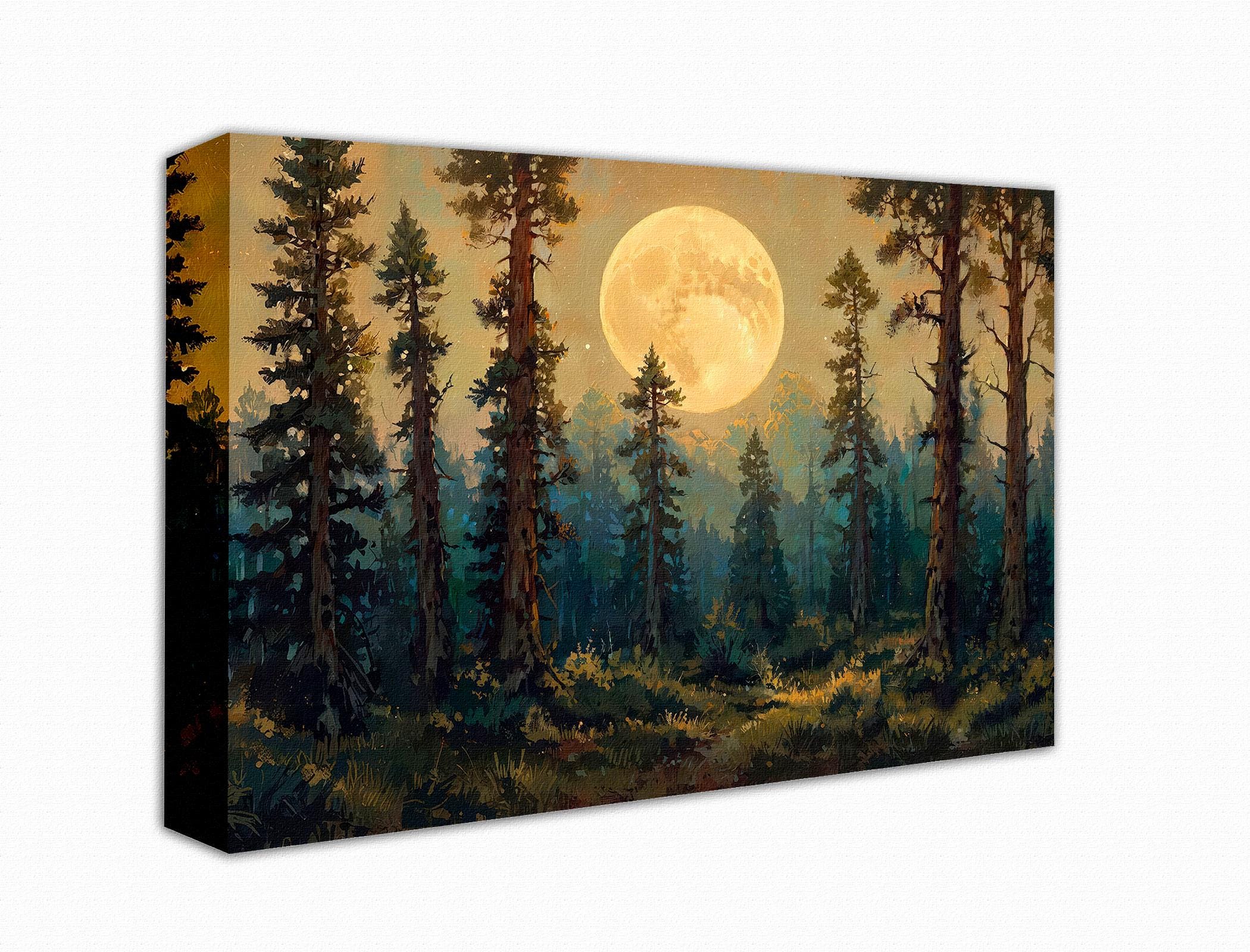 Full Moon Forest Canvas Print: Vintage Pine Tree Mountain Landscape - Etsy