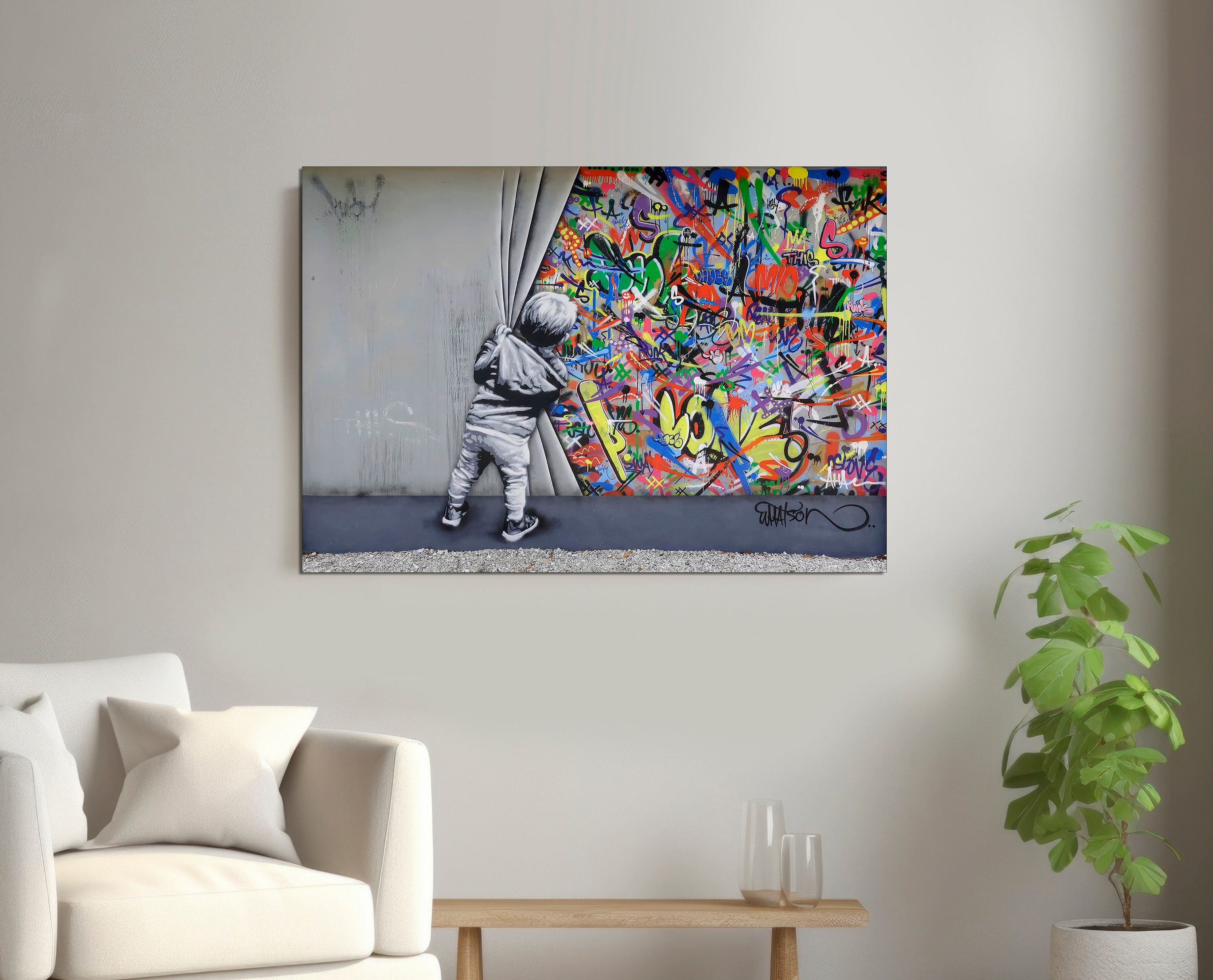 Banksy Behind the Curtain Canvas Print: Graffiti Art, Ready to