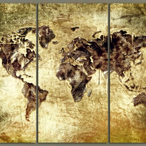 3 Panel Split Art World Map Canvas Print,yellow Dramatic Look. 1.5 ...