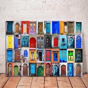 Doors of the World Canvas Print, Antique Colorful Old Doors Collage, Gallery Wrapped Wall Art, Ready to Hang, colorful Large Canvas Wall art