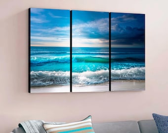 Large 3-Panel Ocean Beach Canvas Print: Coastal Sea Wave Wall Art