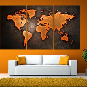 World Map Canvas Print 3 Panel Split, Orange and Black Art,Abstract World Map Triptych, Modern Art for home/office, CANVAS Art Ready to Hang