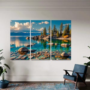 Lake Tahoe Print 3-Panel Large Canvas Wall Art for Lake House California Coast Wall Decor, Scenic Lake Tahoe With Blue Sky  Ready to Hang.