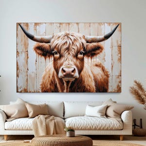 Highland Cow Painting Canvas Print Farmhouse Art Cattle Wooden Background Country Wall Art Cow Print Rustic Wall Art Extra Large Canvas Art