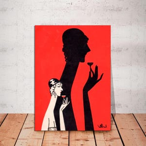 Póster de mujer y sombra bebiendo, impresión divertida de cóctel, póster de licores y vinos, póster de alcohol, lienzo de arte mural de cócteles listo para colgar