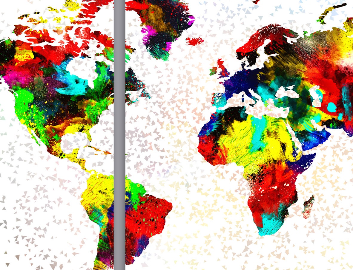 Colorful Paint Splatter World Map Canvas Print - Triptych Wall Art - Etsy