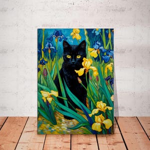 Black Cat Wall Art, Van Gogh Inspired Irises Decor, Framed Canvas Print, Funny Cat Poster, Unique Home Decor Gift, Artistic Cat Painting.
