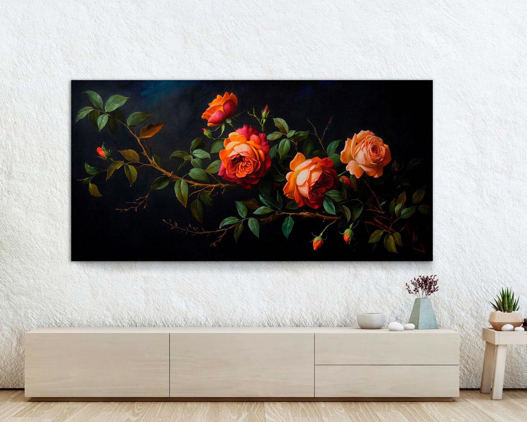 Red Roses Wall Art Vintage Floral Oil Painting Dark Moody Botanical ...