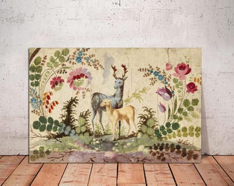Vintage Deer Canvas Print: French Chinoiserie, Woodland Wildlife Art